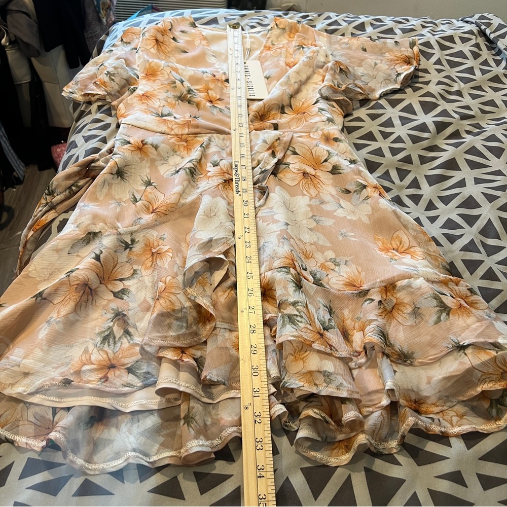 Saints + Secrets Chiffon Floral Flutter Sleeve Tie Waist Faux Wrap Mini Dress M - Picture 15 of 16